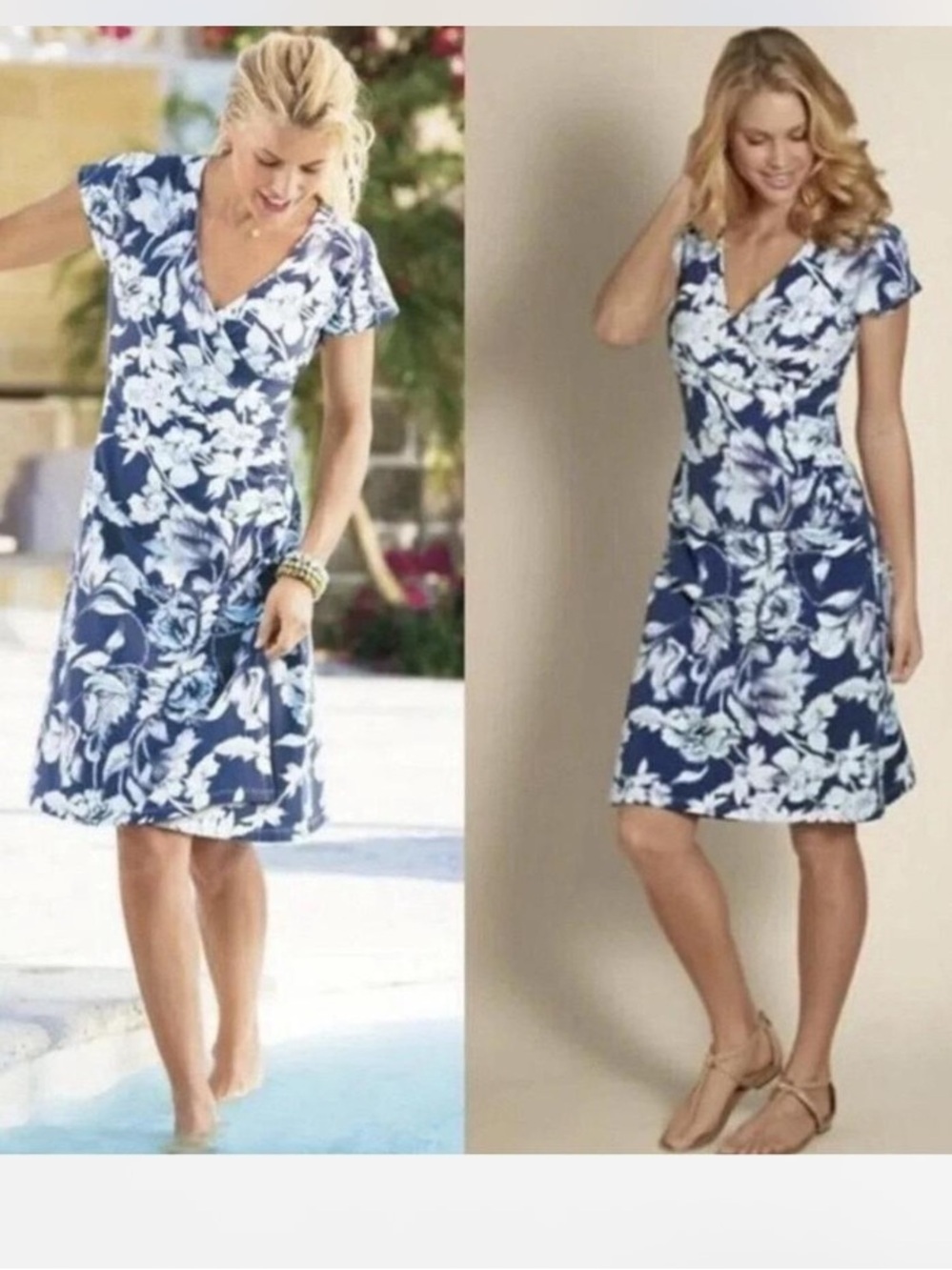 Soft Surroundings Blue Floral Shapely Anywhere Ruched Surplice Faux Wrap Dress M